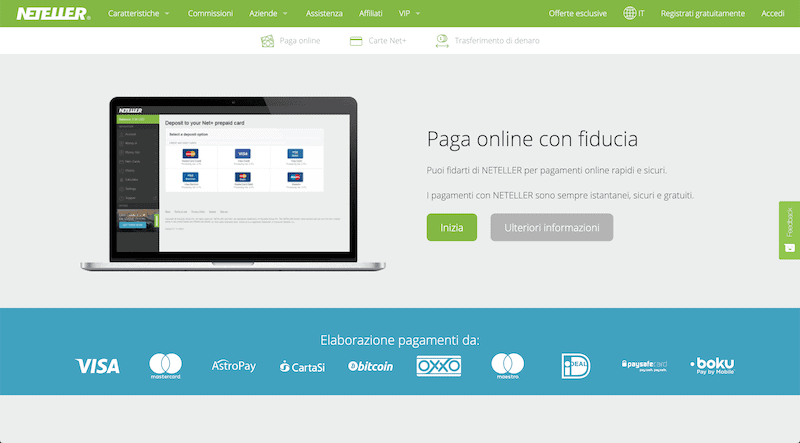 Pagina principale del sito di Neteller