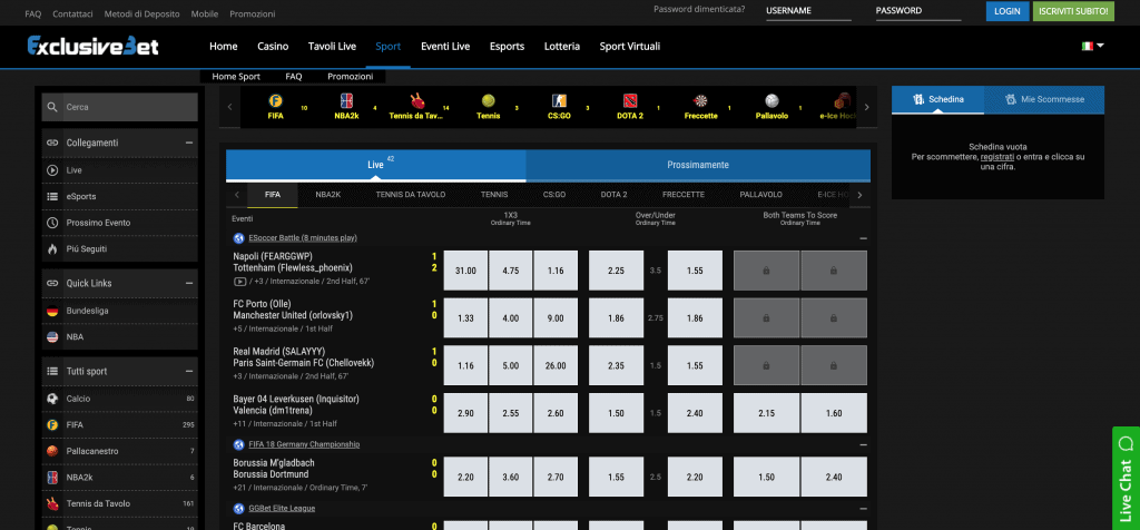 Homepage scommesse di Exclusivebet