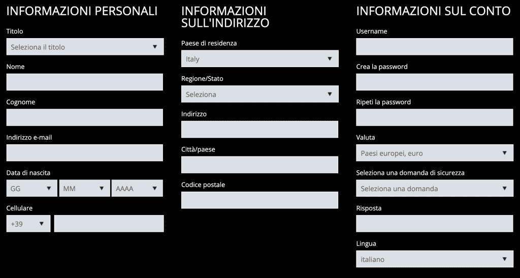 Form iscrizione Exclusivebet