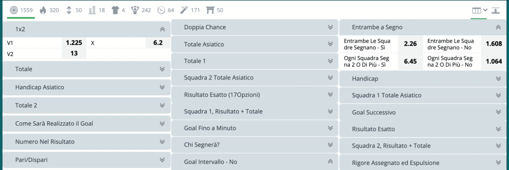 Piccola parte della vasta gamma di giocate su 22bet