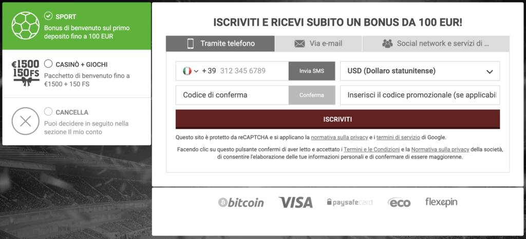 anteprima form registrazione su 888starz